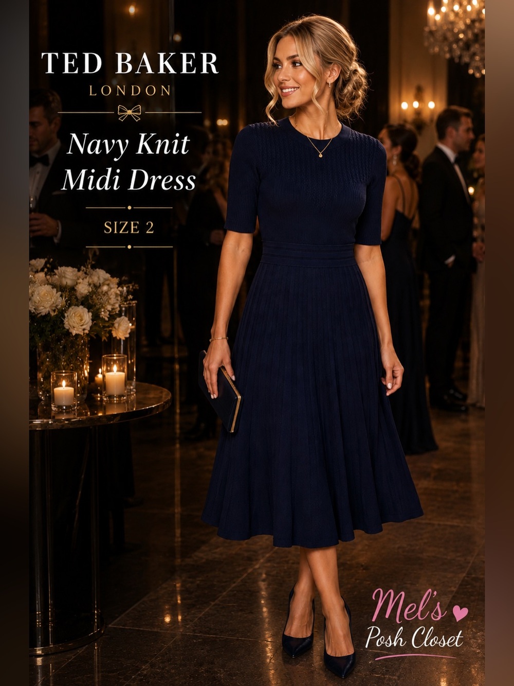 ✨Ted Baker London Navy Knit Fit & Flare Midi Dress Size 2 💎
